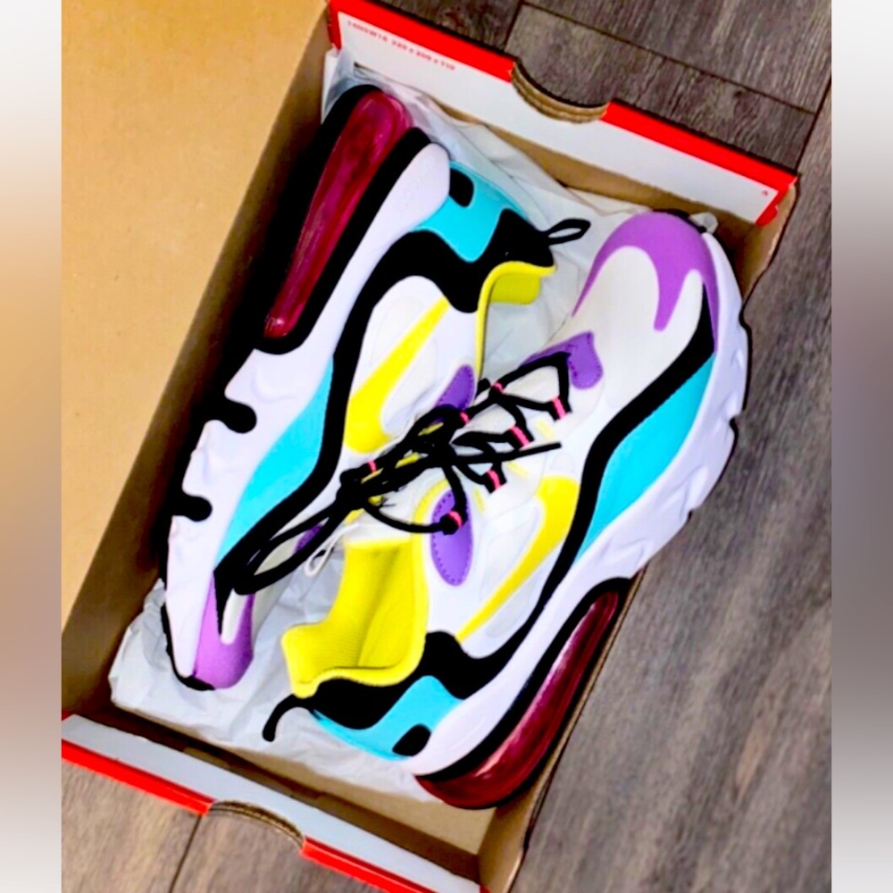 NEW NIKE AIR MAX REACT 270 WHITE PINK YELLOW PURPLE TURQUOISE WOMEN SIZE 8  6.5Y